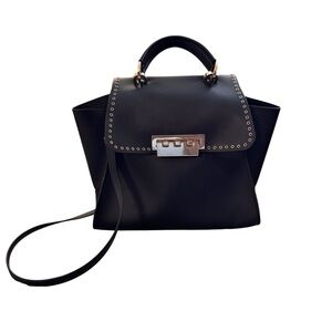 Zac Posen Eartha Iconic Black Gold Eyelet Studded Large Top Handle Crossbody Bag